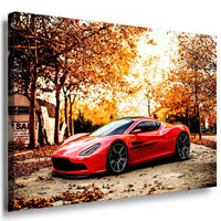 Aston Martin Leinwandbild – Roter Sportwagen in herbstlicher Natur | AK ART Auto Wandbild XXL