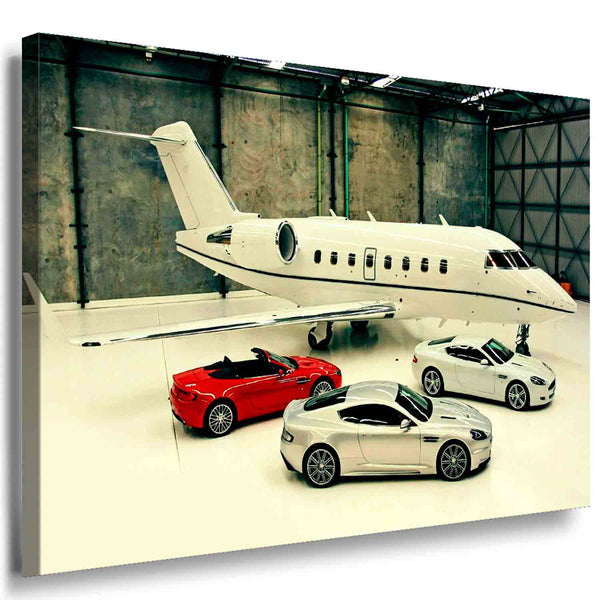 Aston Martin mit Privatjet – Luxus Auto Leinwandbild XXL – AK Art Wandbild Kunstdruck
