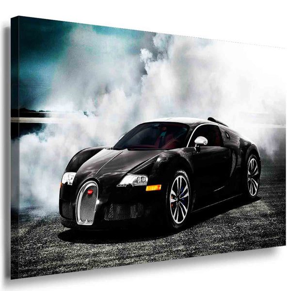 Bugatti Veyron Rauch Leinwandbild – Schwarz-Weiß Auto Wandbild XXL – AK Art Bilder Kunstdruck