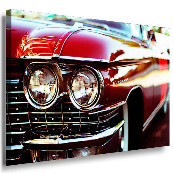 Cadillac Eldorado Retro Auto Leinwandbild – Roter Klassiker mit Chromscheinwerfern | AK ART Vintage Wandbild