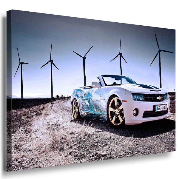 Chevrolet Camaro Leinwandbild – Weißes Cabrio mit Windkraftkulisse | AK ART Auto Wandbild XXL