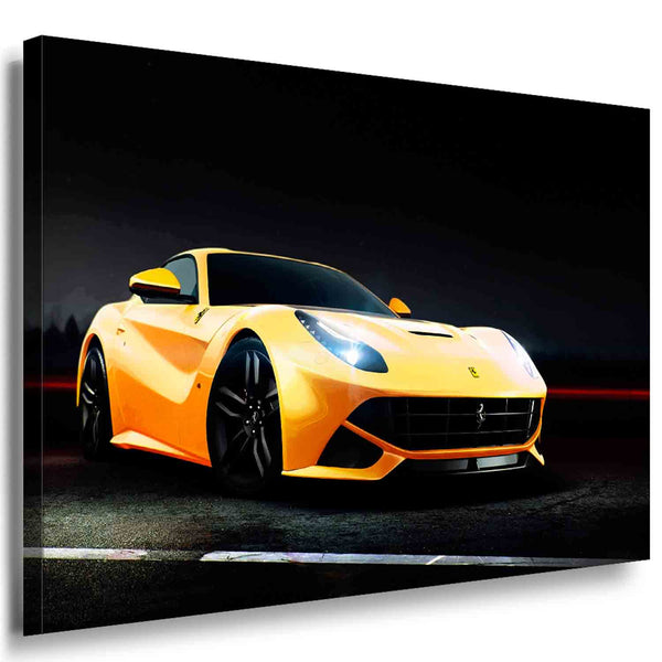 Ferrari F12 Leinwandbild – Gelber Supersportwagen im Studio-Look | AK ART