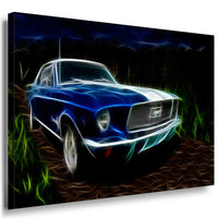 Ford Mustang GT Leinwandbild – Blau-weißes Muscle Car im Fantasy-Look | AK ART Auto Wandbild XXL