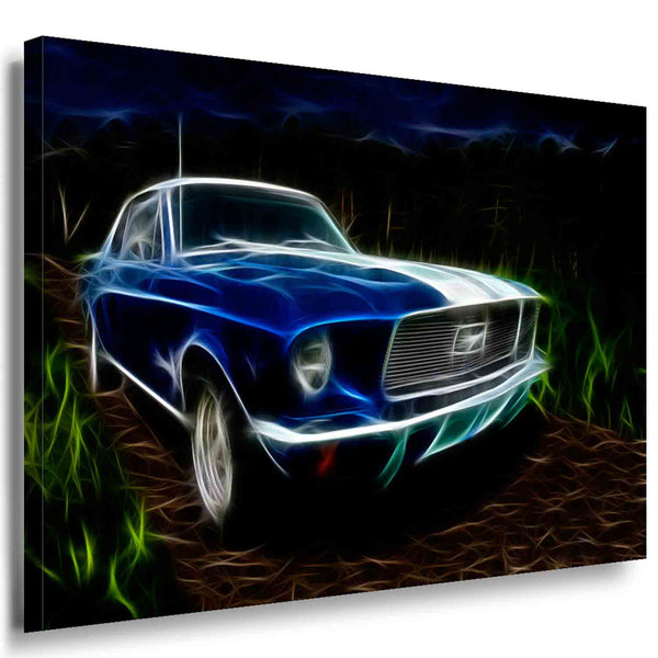 Ford Mustang GT Leinwandbild – Blau-weißes Muscle Car im Fantasy-Look | AK ART Auto Wandbild XXL