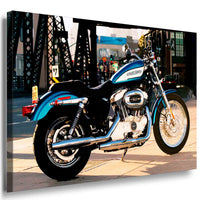 Harley Davidson Sportster Leinwandbild – Urbaner Bikestyle in Blau & Weiß | AK ART Motorrad Wandbild