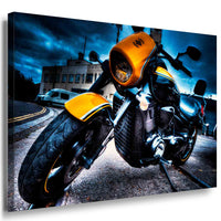 Intruder Bike Leinwandbild – Gelb-Schwarzes Motorrad im Industrie-Look | AK ART Wandbild XXL Motorrad Deko