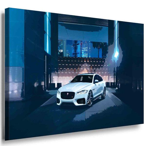 Jaguar XF Auto Leinwandbild – Nachtaufnahme vor Glasgebäude | AK ART Wandbild