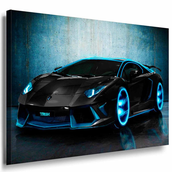 Lamborghini Auto Blau Neon Leinwandbild – Futuristisches Sportwagen Motiv in Schwarz-Blau | AK Art Wandbild Made in Germany