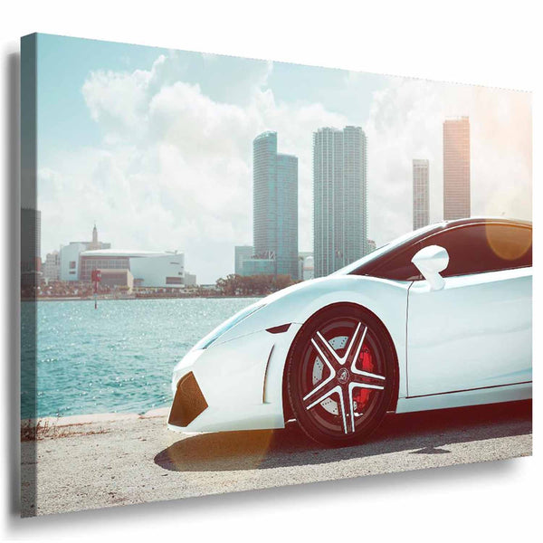 Lamborghini Leinwandbild in Miami – Weißer Sportwagen mit Skyline | AK ART
