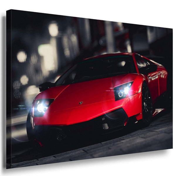 Lamborghini Murciélago Roter Sportwagen Nacht-Stadt Leinwandbild / AK Art Bilder / Auto + Mehrfarbig