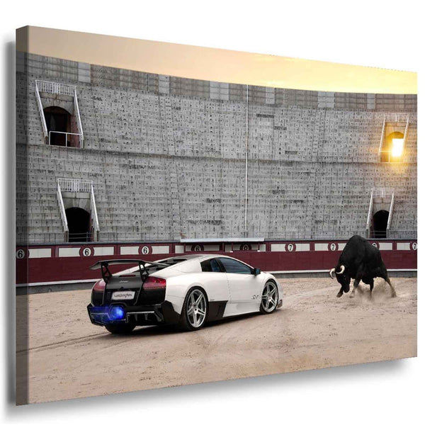 Lamborghini vs. Stier – Spektakuläres Arena-Leinwandbild | AK Art Automotiv-Kunst XXL