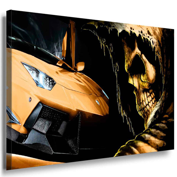 Lamborghini trifft Tod – Orange Sportwagen Leinwandbild – AK Art Bilder – Abstrakt, Mehrfarbig, Auto-Kunstdruck