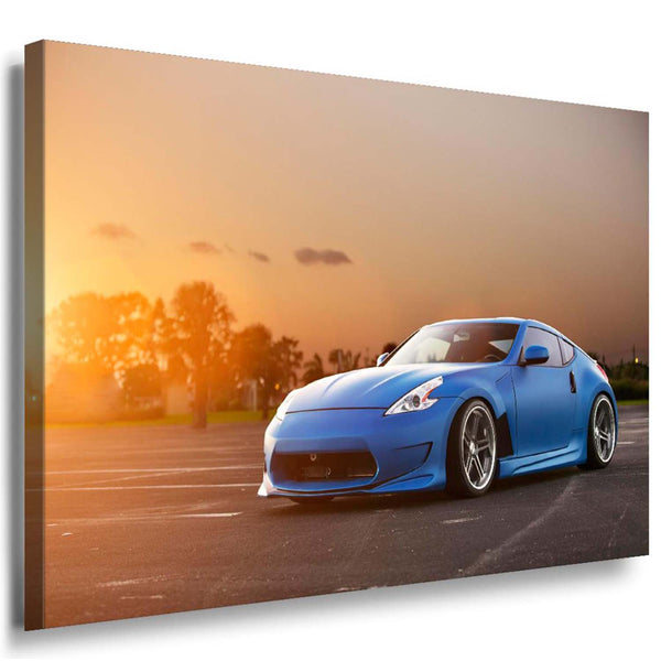 Blauer Nissan Z – Sportwagen-Leinwandbild bei Sonnenuntergang | AK Art Wandbild