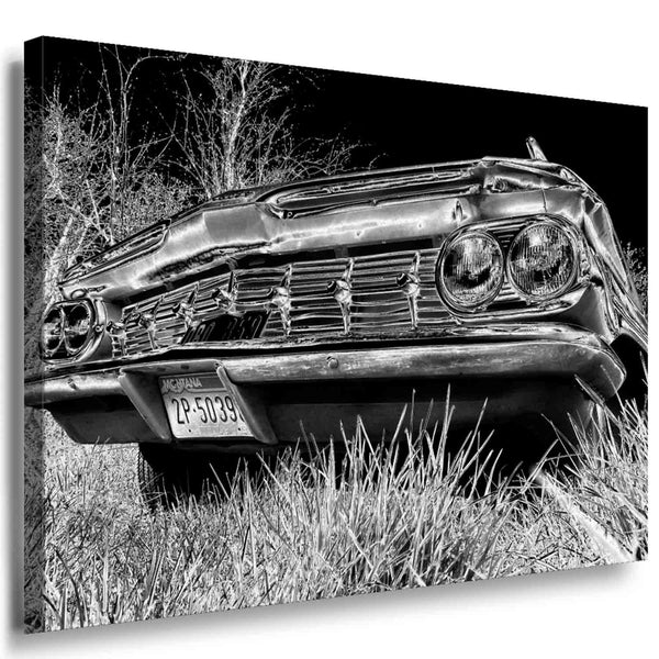 Oldtimer Chevrolet Impala Leinwandbild – Schwarz-Weiß Fotokunst mit Retro-Charme | AK ART Wandbild XXL Auto Deko