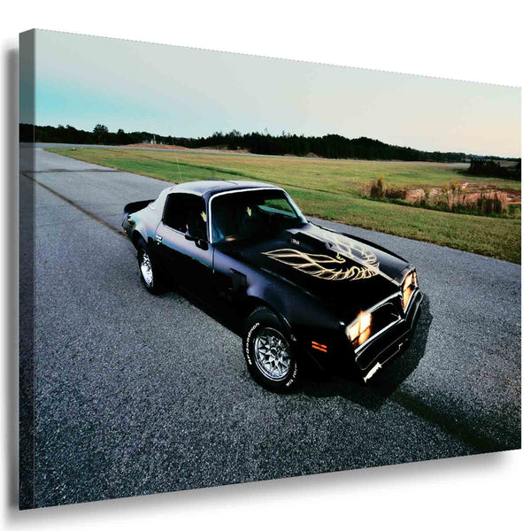 Pontiac Firebird Trans Am Leinwandbild – Klassiker Auto mit Gold-Design im Sonnenuntergang | AK ART Wandbild