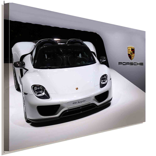 Porsche 918 Spyder Leinwandbild – Weißer Supersportwagen auf Auto Show Bühne | AK ART Auto Wandbild XXL