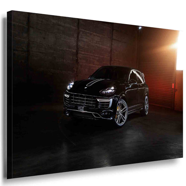 Porsche Cayenne 958 Auto Leinwandbild – Schwarzer SUV mit Power-Look im Industrial-Stil | AK ART Wandbild