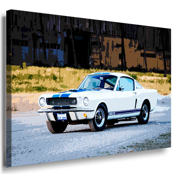Ford Mustang Shelby GT350 Leinwandbild – Weiß-Blaues Muscle Car als Vintage-Kunstdruck | AK ART Wanddeko