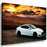 Tesla Model S Leinwandbild – Elegantes Elektroauto vor dramatischer Landschaft | AK ART Wanddeko