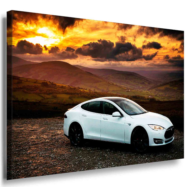 Tesla Model S Leinwandbild – Elegantes Elektroauto vor dramatischer Landschaft | AK ART Wanddeko