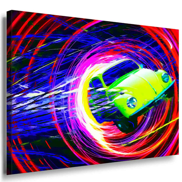 VW Käfer Leinwandbild – Vintage Beetle in Neon-Wirbel | AK ART Auto Wandbild XXL