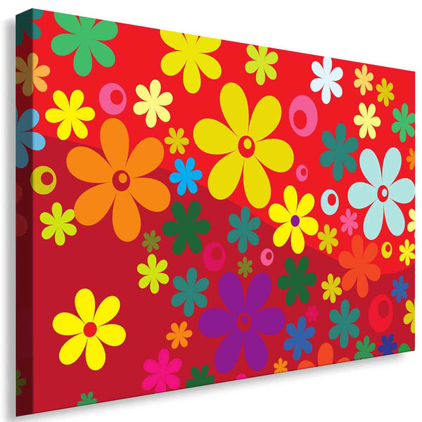 Blumen Hippie Leinwandbild – Buntes Retro-Design auf Rot | AK ART Wandbild XXL