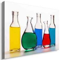 Bunte Chemikalien Leinwandbild – Farbenfrohe Glasfläschchen im Labor-Stil | AK ART Abstrakte Wanddeko XXL
