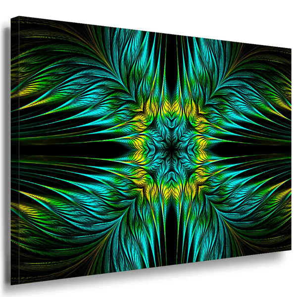 Symmetrisches Leinwandbild in Grün & Blau – Abstraktes Design mit floraler Struktur & Tiefe auf schwarzem Hintergrund | Made in Germany von AK ART