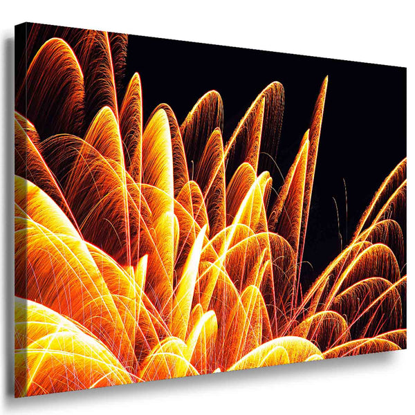 Feuerwerk Leinwandbild in Palmform – Abstraktes Nachtbild in Orange & Gelb, leuchtend & montagefertig | Made in Germany von AK ART