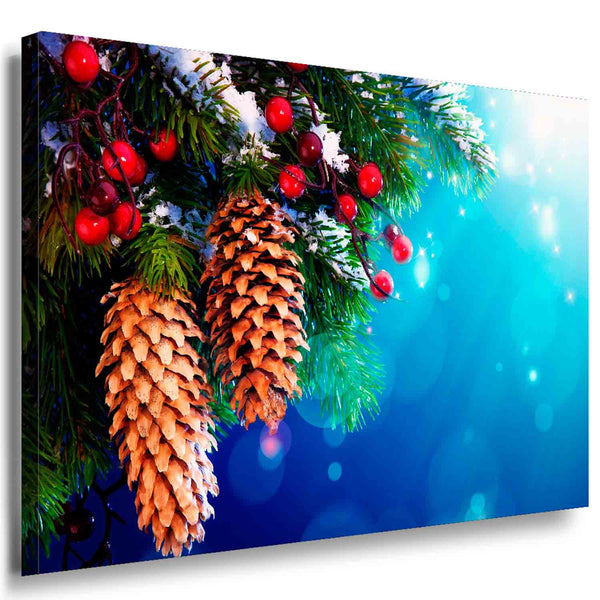 Tannenzweige mit Zapfen & roten Beeren – Festliches Weihnachts-Leinwandbild in Blau | AK ART