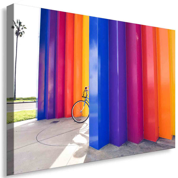Abstraktes Farben Leinwandbild – Bunte Vertikalstreifen mit Fahrrad | AK ART Kunstdruck XXL