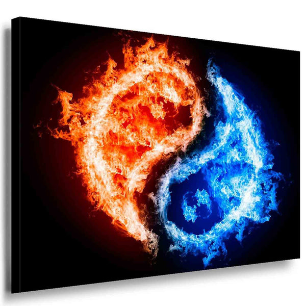 Yin-Yang in Blau & Rot – Feng Shui Leinwandbild mit Feuerelementen | Abstrakter Kunstdruck von AK ART XXL