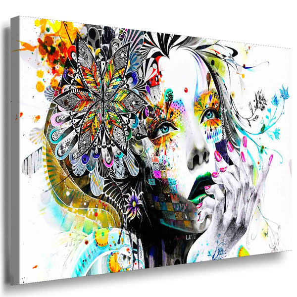 Abstraktes Frauenporträt mit floraler Kunst – Graffiti-Leinwandbild in Aquarelloptik | AK ART Kunstdruck XXL