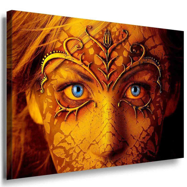 AK ART Leinwandbild – Goldene Frau mit blauen Augen & Tribalmaske im Fantasy-Stil | Abstraktes Porträt, hochwertig & montagefertig