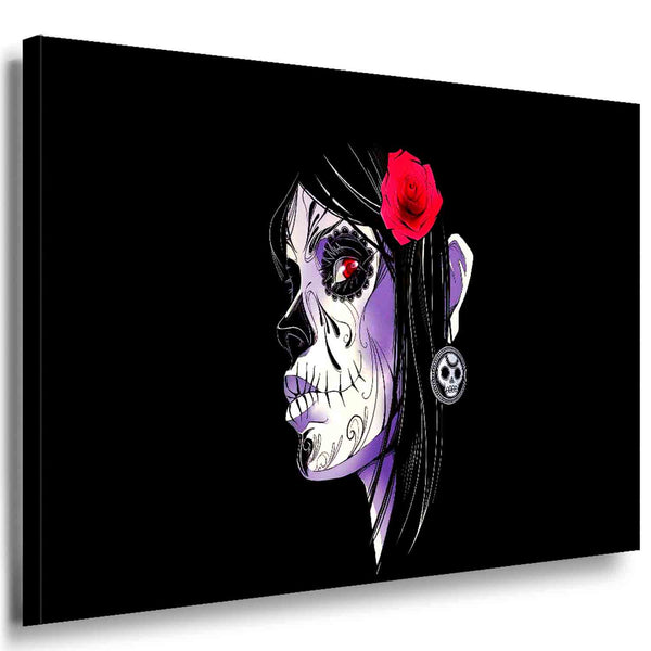 Santa Muerte Comic Frau – Gothic Leinwandbild mit Sugar Skull Make-up & Rose im Haar | Premium Kunstdruck von AK ART Made in Germany