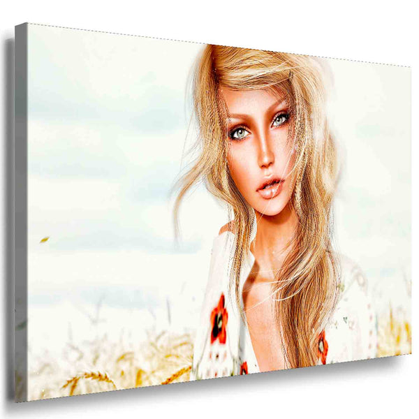 AK ART Porträtbild – Hübsche blonde Frau im Weizenfeld | Hochwertiger Kunstdruck in sanften Farben | Made in Germany & direkt aufhängbar