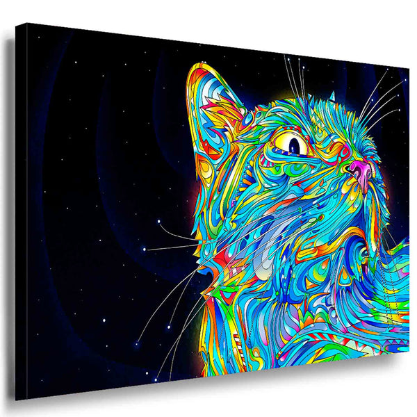 Bunte psychedelische Katze im Weltraum – Verspieltes abstraktes Leinwandbild | AK ART