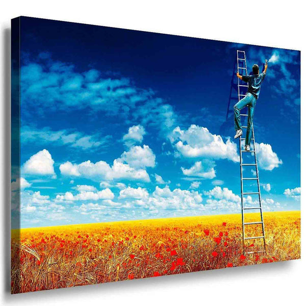 Mann auf Leiter vor Himmel – Symbolisches Natur‑Leinwandbild mit Wolken & Mohn | AK ART