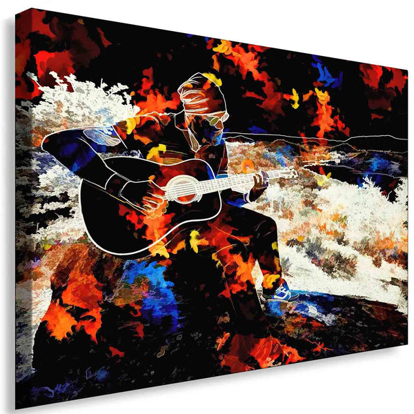 Musiker am Strand – Abstraktes Gitarrenbild mit Flammen & Natur | AK ART Leinwandbild XXL