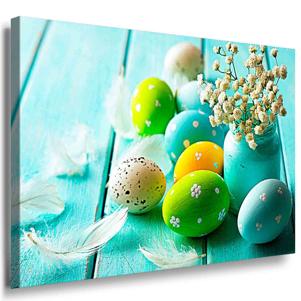Bunte Ostereier mit Blumen – Frühlingshaftes Leinwandbild auf Holzoptik | AK ART