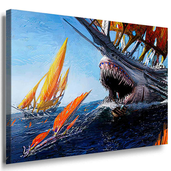 Segelschiff im Kampf gegen das Ungeheuer – Farbenprächtiges Fantasy-Leinwandbild voller Dynamik & Abenteuer | AK ART