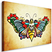 Schmetterling‑Totenkopf – Farbstarkes Tattoo‑Flash Leinwandbild im Vintage‑Stil | AK ART Kunstdruck XXL