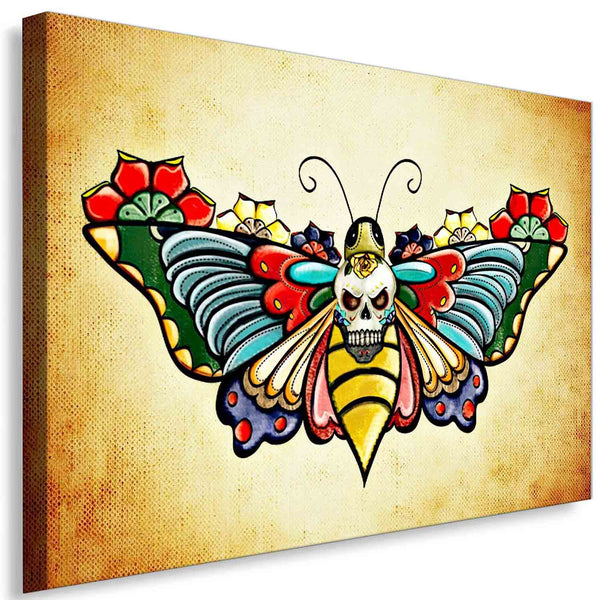 Schmetterling‑Totenkopf – Farbstarkes Tattoo‑Flash Leinwandbild im Vintage‑Stil | AK ART Kunstdruck XXL