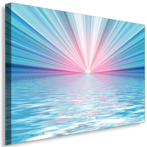 Sonnenaufgang über dem Meer – Abstraktes Blau‑Pink Leinwandbild mit Lichtstrahlen | AK ART Kunstdruck XXL