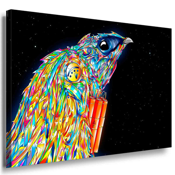 Psychedelischer Vogel mit Dynamit – Abstraktes Pop-Art-Leinwandbild voller Farbe & Rebellion | AK ART