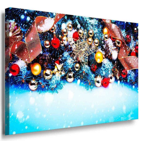 Weihnachtsbild mit Kugeln, Schnee & Girlanden – Festliche Leinwandkunst in Blau & Rot | AK ART