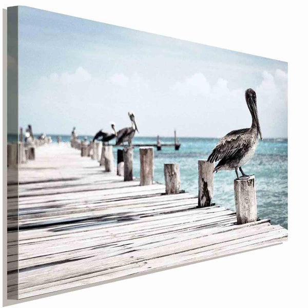 Pelikan am Steg Leinwandbild AK Art BIlder Wanddeko Wandbild Premium Kunstdruck