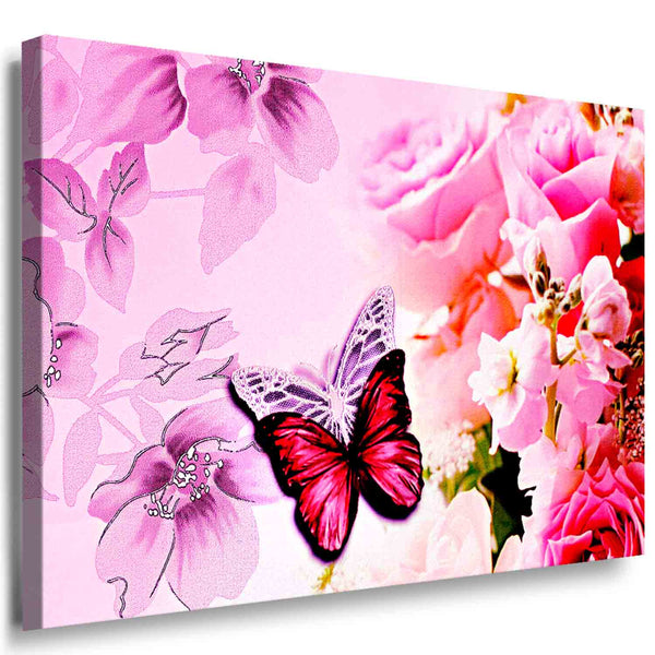 Schmetterling / Blumen Leinwandbild AK Art Bilder Schwarz-Weiß Wandbild TOP XXL