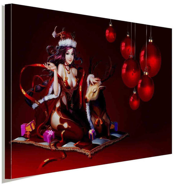 Weinachten Mädchen mit Hirsch Rot Leinwandbild AK ART Wanddeko Wandbild TOP XXL