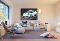 Porsche GT3 Leinwandbild – Weißer Sportwagen mit grünen Akzenten vor Vulkanlandschaft | AK ART Auto Wandbild XXL